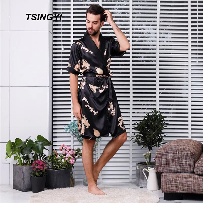 TSINGYI 5XL китайский дракон печати Для мужчин s шелковый халат с длинным рукавом пятно кимоно халаты Мужской пижамы Ochtendjas Для мужчин платья