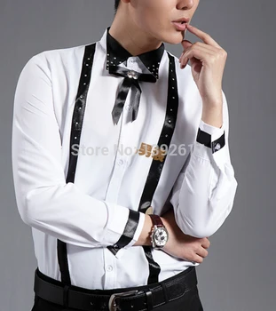 

Free shipping men long sleeve rhinestone beading bowknot tuxedo shirt
