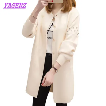 

Spring Autumn Cardigan Sweater Low round neck Loose Long Knit cardigan Jacket Young Women Beading Single-breasted sweater B343