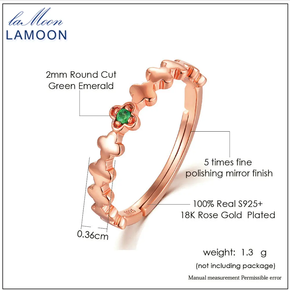 LAMOON 2017 New Romantic Real Natural Round Green Emerald Clover S925 Rings 925-Sterling-Silver Jewellry for Women Girl LMRI058