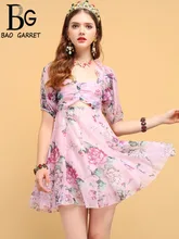 Baogarret Summer Fashion Designer Vintage Dress Women's Ruffles Mesh Overlay Backless Floral Printed Elegant Vacation Dress Baogarret Summer Fashion Designer Vintage Dress Women's Ruffles Mesh Overlay Backless Floral Printed Elegant Vacation Dress