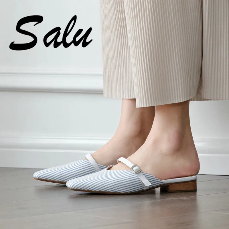 

Salu Women Sandals 2019 New Low Heels Black Color Slip-on Women Square Heel Kid Suede Leather Shoes Size 33-40