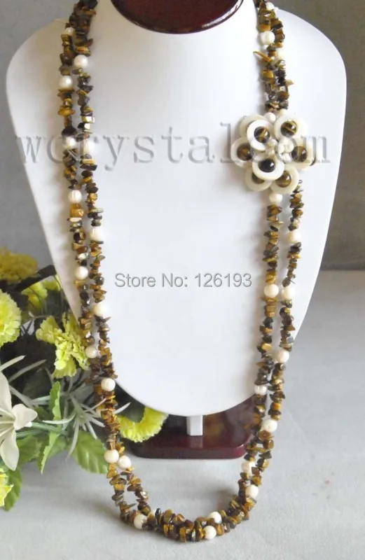 

2 Strand Tiger's Eye Stone White Pearl Shell Flower Necklace Long 38"