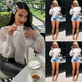 

Women Long Sleeve Loose Chiffon Blouse V Neck Casual Lady Office T-Shirts Streetwear Tops Korean Style Women Plus size