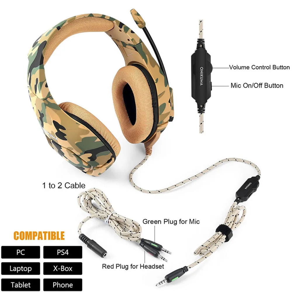 ONIKUMA K1 Casque Camouflage PS4 Headset with Mic Stereo Gaming Headphones for PC Cell Phone New Xbox One Laptop (8)