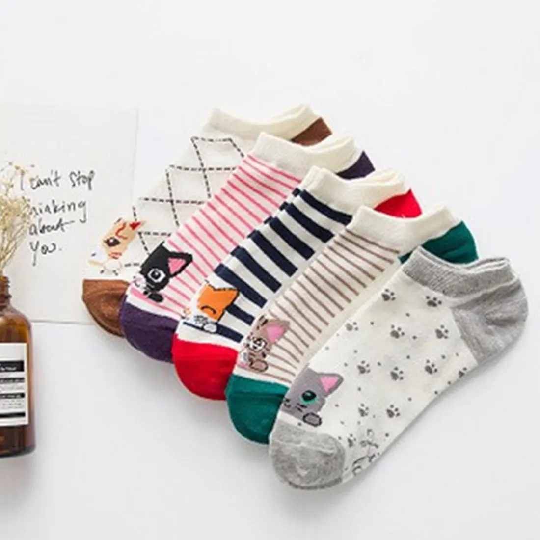 Очаровательный 5 пар/компл. Kawaii Для женщин носки с милым рисунком кота хлопковые полосатые носки для женщин и девушек;