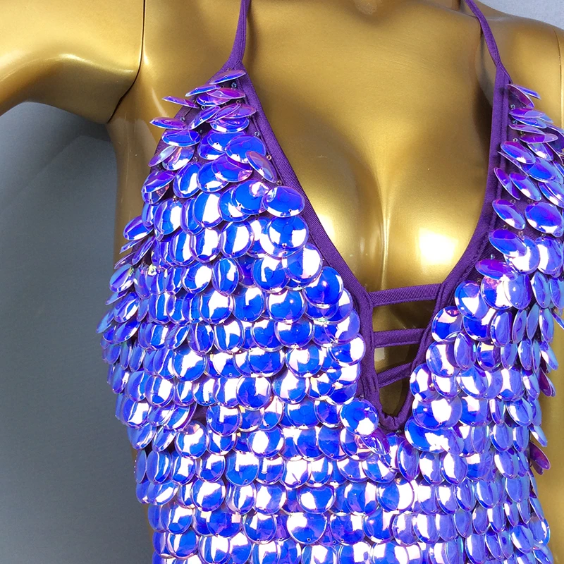 Sexy Women Beads Bodysuit Sequin Swimsuit Latin Belly Dance Costume Dancer  One-piece Outfit Costume Stage Performance Leotard 