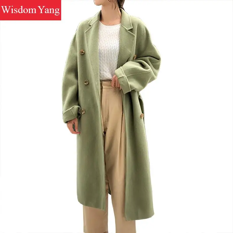 

Elegant Green Sheep Wool Coats Trench Winter Coat Women Clothes Warm Long Female Cashmere Woolen Loose Overcoat Casual Outerwear