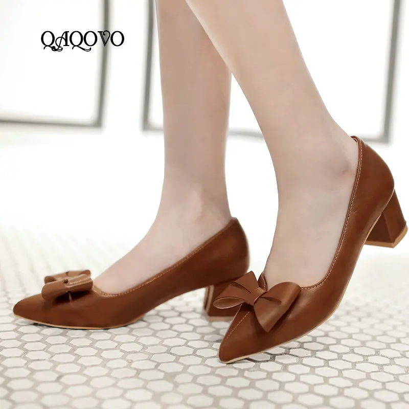 

Spring Autumn Heels Women Bow Dress Pumps Low Heels Pumps Slip On Pointed Toe Female Red Black Brown