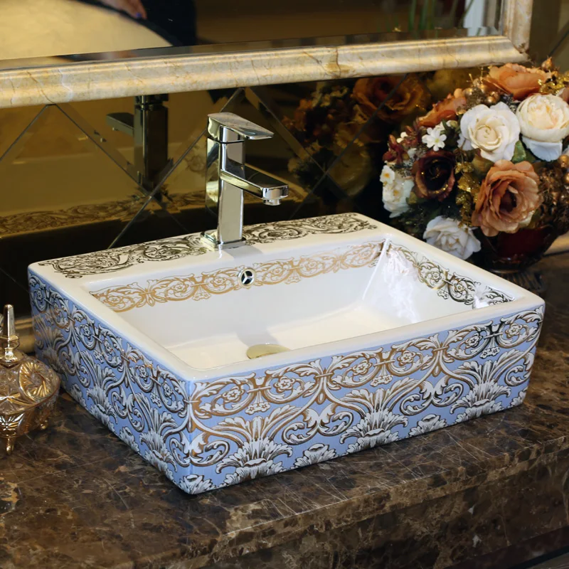 Rectangular Ceramic Counter Top Wash Basin Cloakroom Hand Painted