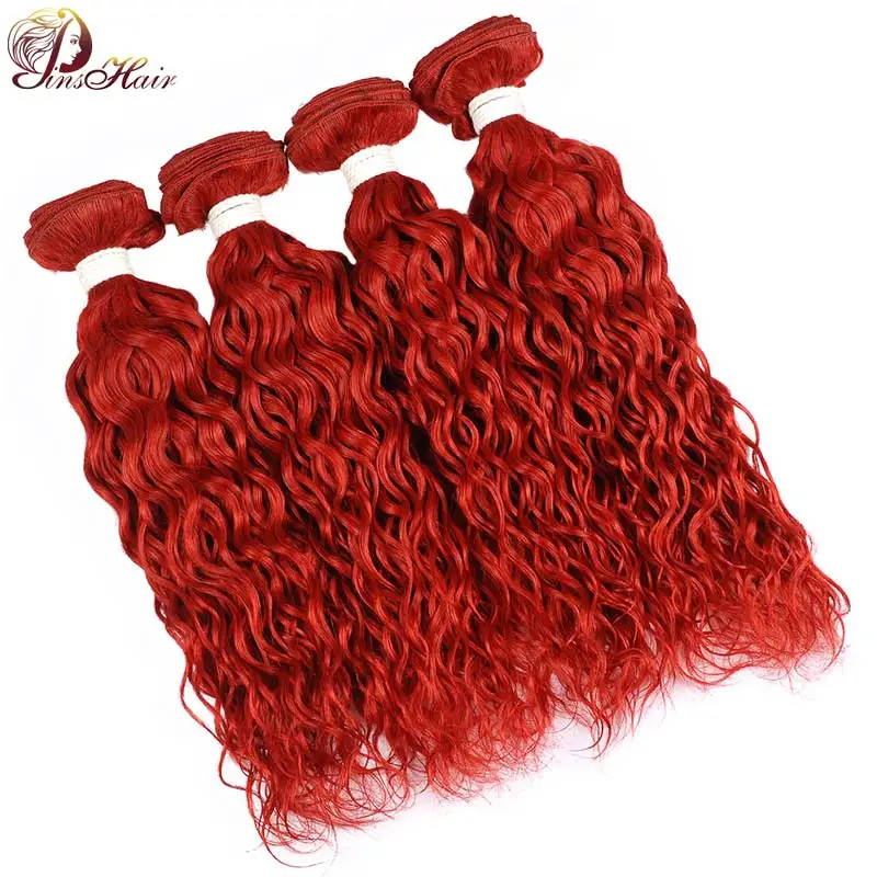 

Pinshair Peruvian Water Wave Hair Bundles 99J Colored Human Hair Weave Bundles Red Burgundy Non Remy Hair Extensions 1/4 Pieces