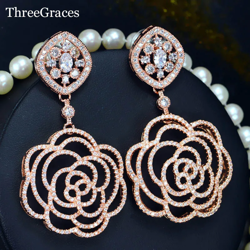 

ThreeGraces Nigerian Design Rose Gold Color Micro Pave Clear CZ Stone Long Dangle Drop Rose Flower Earrings For Ladies ER233