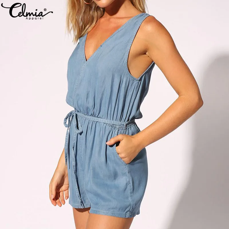 

Vintage Denim Jumpsuits Women Short Rompers Celmia 2019 Summer Plus Size Overalls High Waist Sexy V-neck Sleeveless Playsuit 5XL