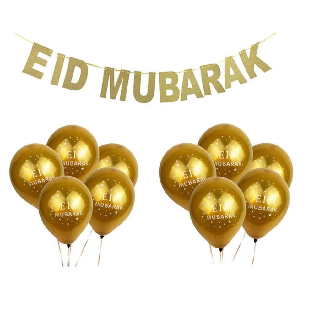 

3M Gold Glitter EID MUBARAK Banner and 10pcs Ramadan Decoration Balloons Set Muslim Party Event supplies Al-Fitr Party Pennant