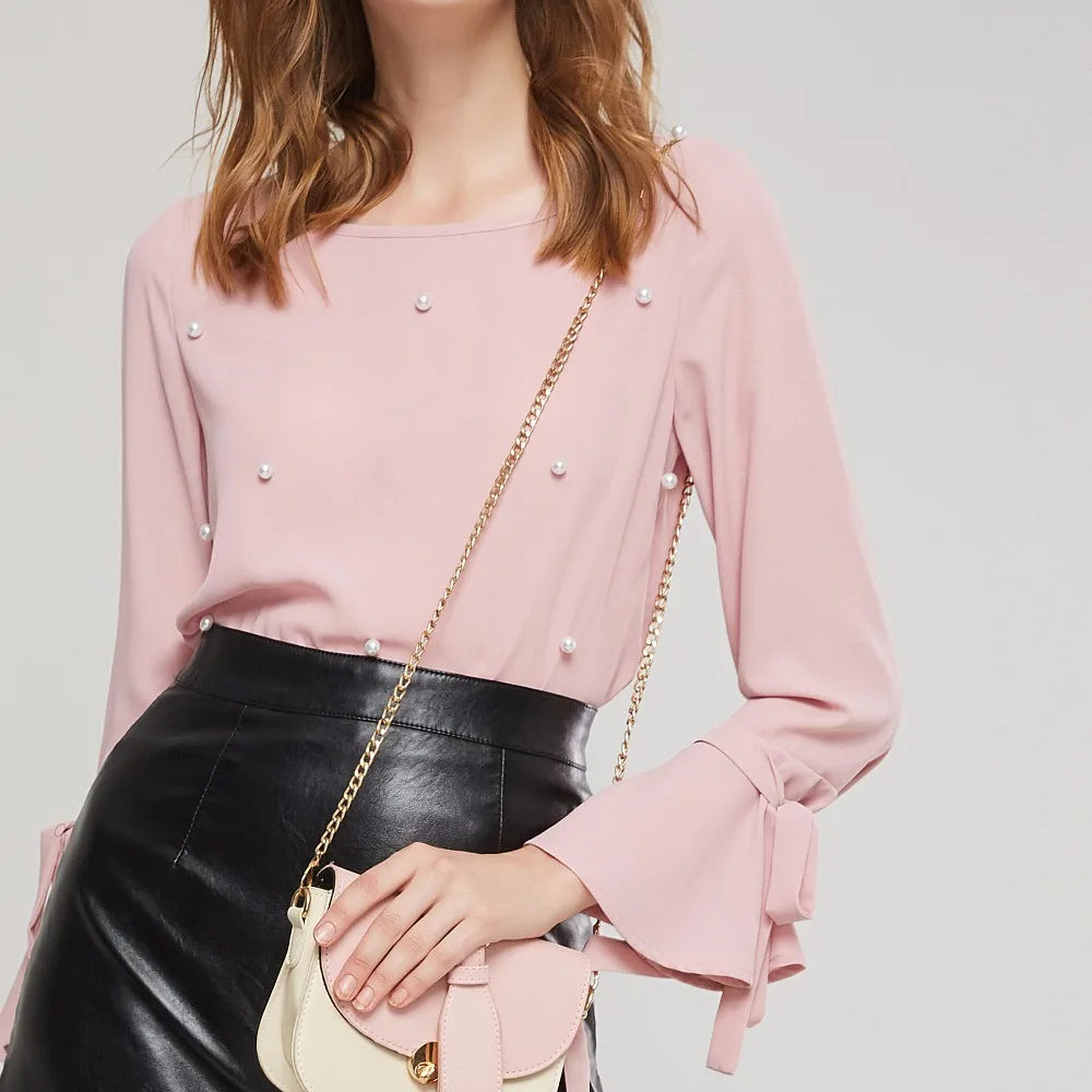 Women Chiffon Blouses Sweet Casual Slim Flare Sleeve Plain Button Bowknot Female Fashion Elegant Office Lady Hot Sale Shirts |
