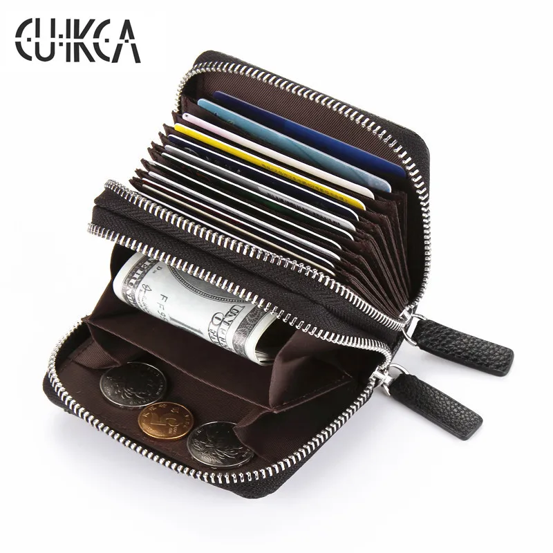 

CUIKCA RFID Wallet Women Men Wallet Double Zippers Coins Purse Slim Leather Wallet Accordion Style ID Credit Card Holders Cases