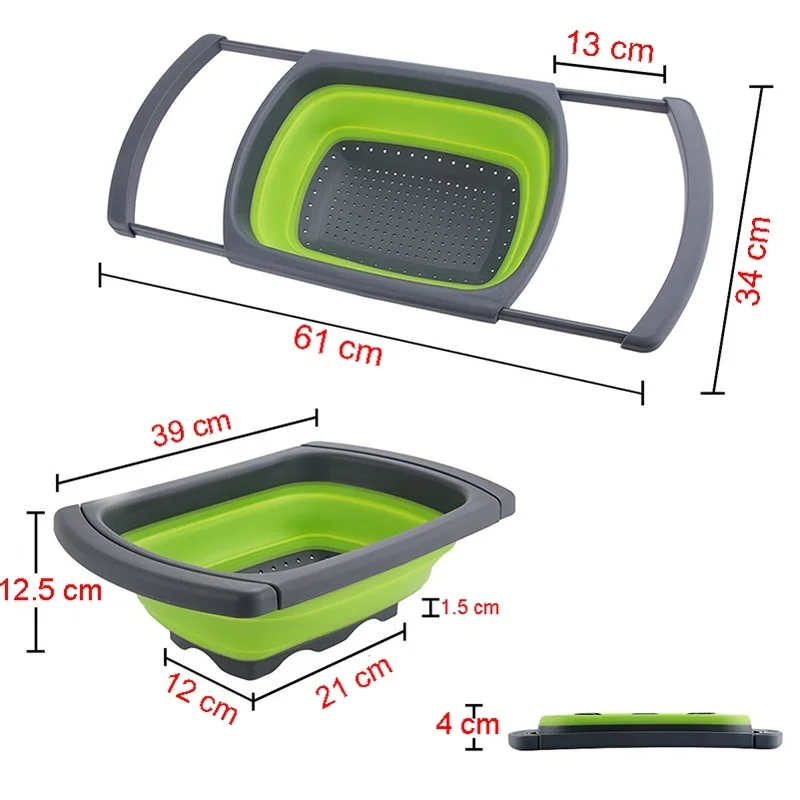 Foldable Fruit Vegetable Washing Basket Strainer Silicone Colander Collapsible Drainer With Handle Kitchen Tools