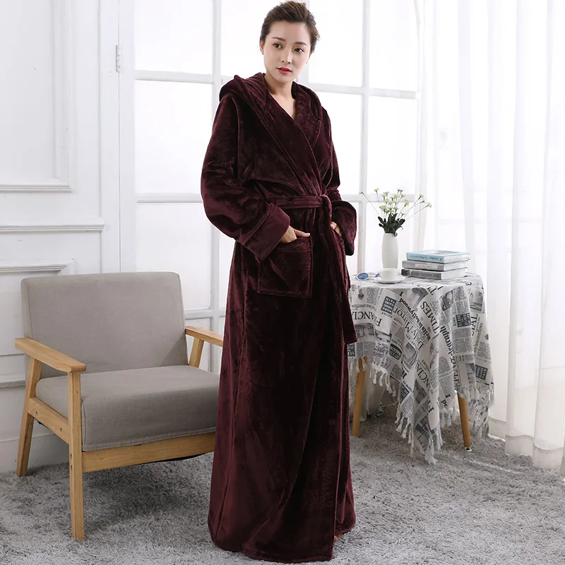 Махровые халаты с капюшоном, хлопковый фланелевый Халат, женский халат, осенний и зимний впитывающий отходы плотный мягкий длинный халат - Цвет: Burgundy