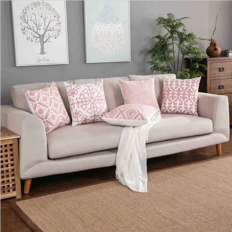 

Decortive Pink Embroidered Cushion Cover Home Decor Geometric Canvas Cotton Square Embroidery Pillow Cover 45x45cm Pillow Sham