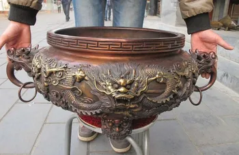 

China Royal Red Bronze Two Dragon Ding Tank crock Censer Buddhism incense burner