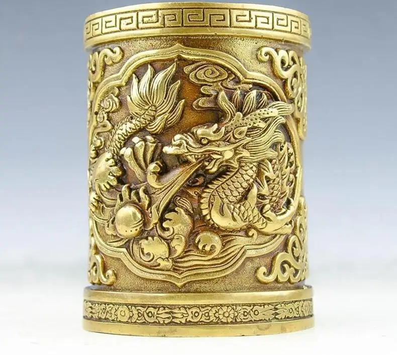 

China Pure Brass Dragon Dragons Pen Container Brush Pot Pencil Vase Statue