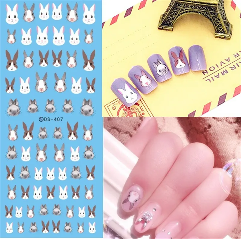

1 Sheet Nail Art Wrap Decorations Rabbit Bunny Flowers Design Water Decals Marble Feather Manicure Nail Art Sticker Drop Ship