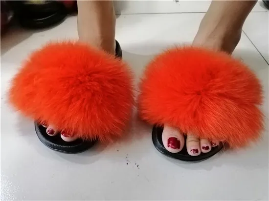 COOLSA Hot Women's Striped Plush Fur Slippers Super Fluffy Furry Fox Fur Slides Travel Quick Drying Beach Flip Flops Plus Size - Цвет: as picture shows