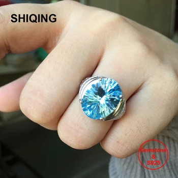 

SHIQING 100% Nature topaz 925 sterling silver oval vintage oval gemstone band ring for women