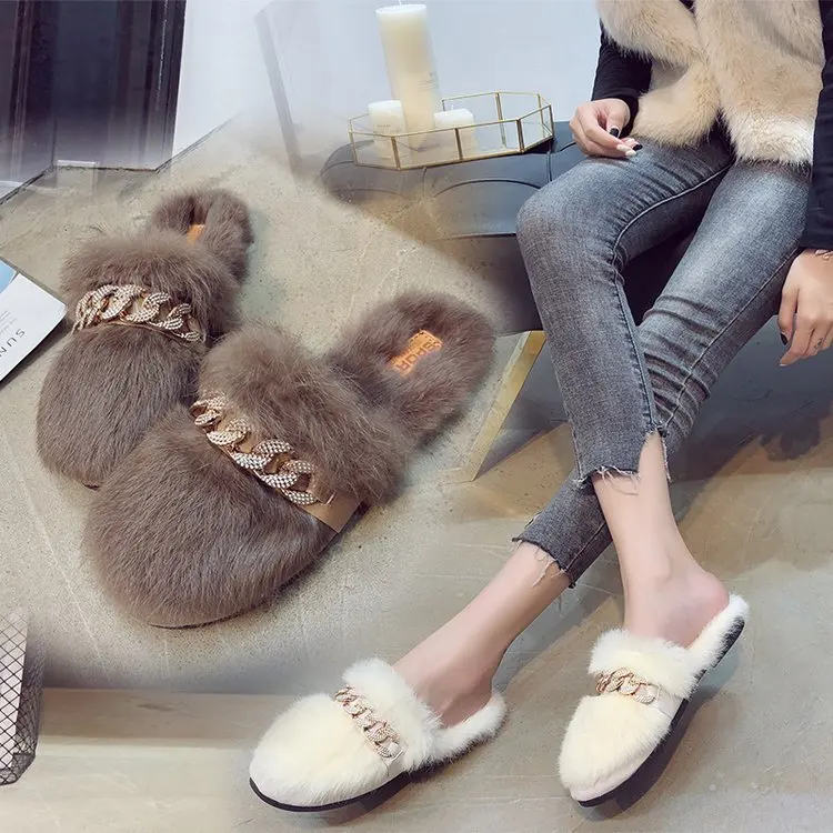 

Chain Crystal Fashio Closed Toe Winter Women Fur Slippers Flat With Low Solid Women Shoes Outside Casual Concise Slides