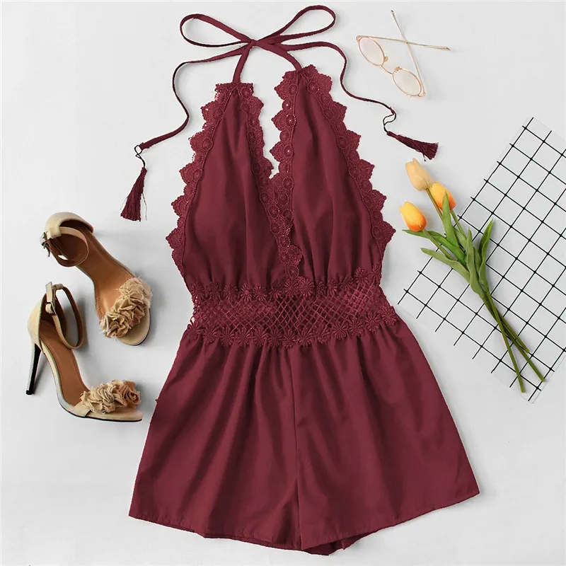 ROMWE Red Lace Trim Sexy V Neck Backless Fringe Halter Rompers Women Open Back Mid Waist Short Straight Leg Summer Playsuits