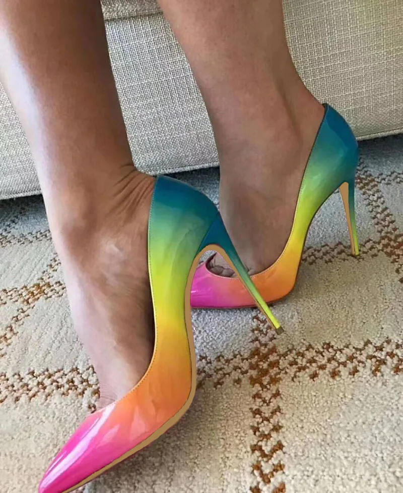 

Moraima Snc Pointed Toe High Heel Shoes Woman Rainbow Patent Leather Sexy Pumps Thin Heels Party Wedding Shoe 12cm Dress Heels