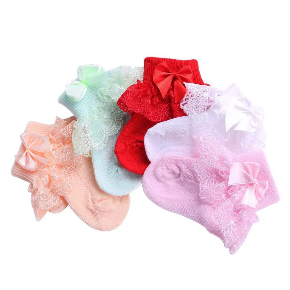 

Christening Party Cute Baby Girls Socks Cotton Newborn Lot Lace For Princess;Solid Color Chaussette Bebe With Bows Baby Socks