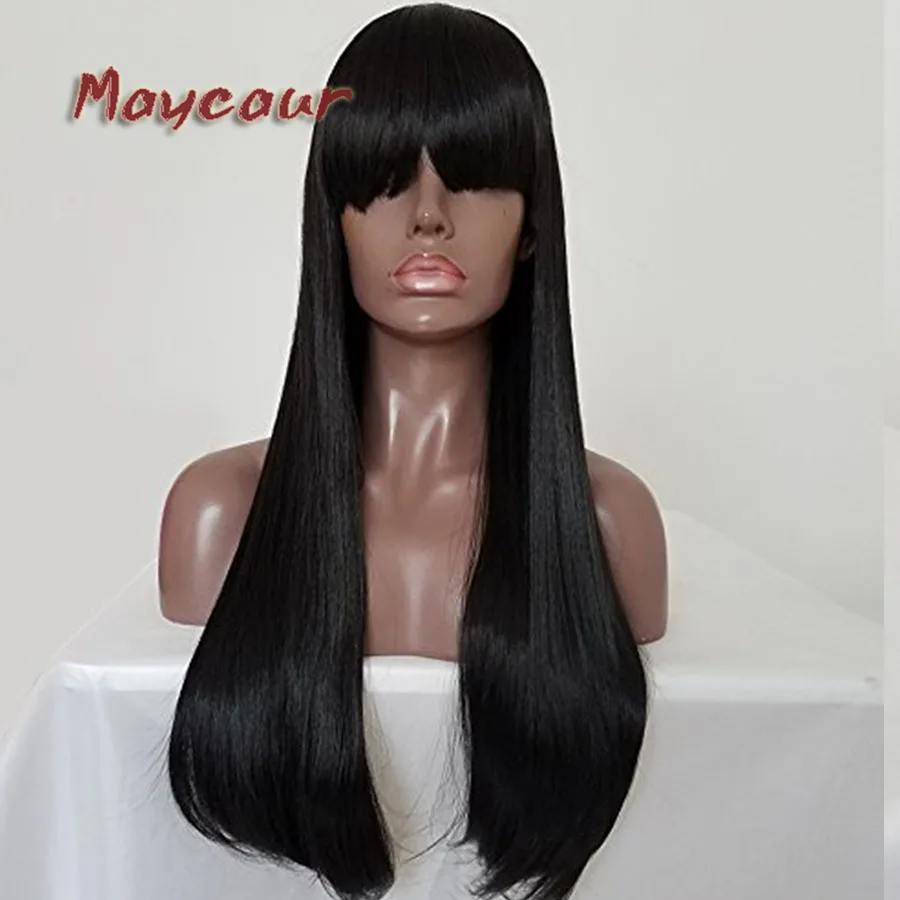 Buy Long Straight Wigs with Full Bangs Black Synthetic