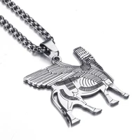Assyrian lamassu A edu Human-headed winged bull Mens Womens Stainless Steel Pendant Necklace Chain Elfasio Jewelry 2