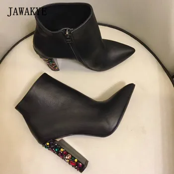 

2018 Chic Real Leather Ankle Boots Woman Pointed Toe Mix Color Rhinestone Diamond Crystal High Heel Boots Women Party Shoes