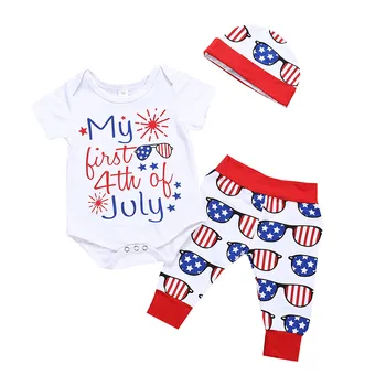 

Baby clothes Infant Baby 4th of July Letter Romper +Stars Striped Pants+Hat Outfits Vetement Enfant Fille Newborn clothing