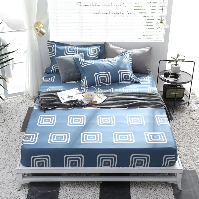

Bed Sheet With Pillowcase Blue Rectangle Pattern Fitted Sheet With Elastic Bed Linen Cotton Soft Warm Mattress Covers Queen Size