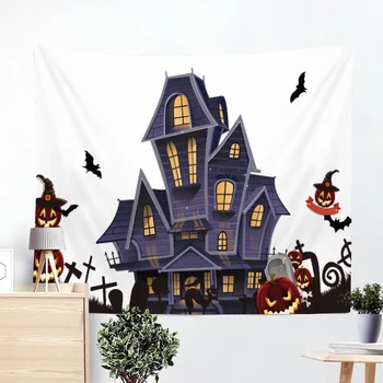 

Cartoon Halloween Hanging Large Tapestry Pumpkin Witch Broom Wall Art Picture Living Room Decorate Custom Bedspreads Tapestry