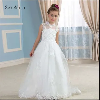 

Gorgeous Flower Girl Dress For Wedding Girls Party with Lace Appliques Beading Tulle A-line Dress For Princess Custom Made Longo