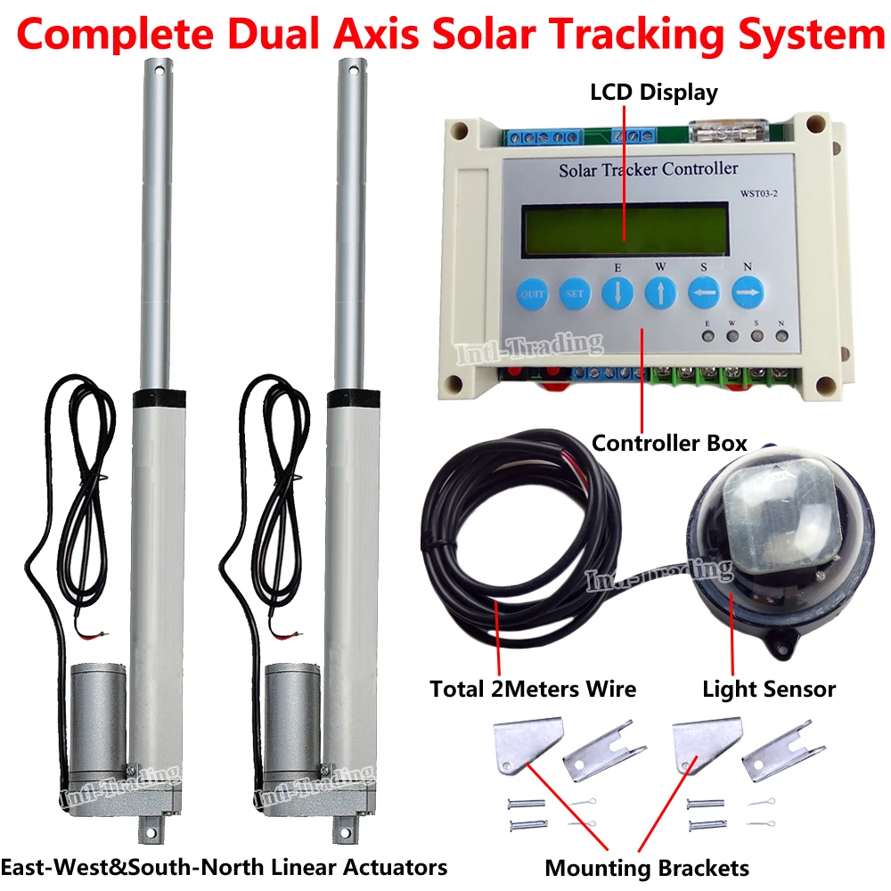 Солнечный трек отслеживания двойной оси Солнечный свет трекер наборы W/2 шт. 1500N " ход 12 В DC линейные приводы и электронный контроллер