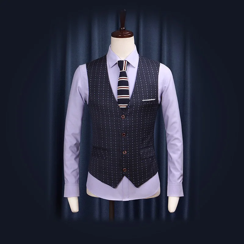 Free Shipping High Quality 2018 New Summer Wedding Groom Suits Vests V Neck Deep Blue Slim 4 