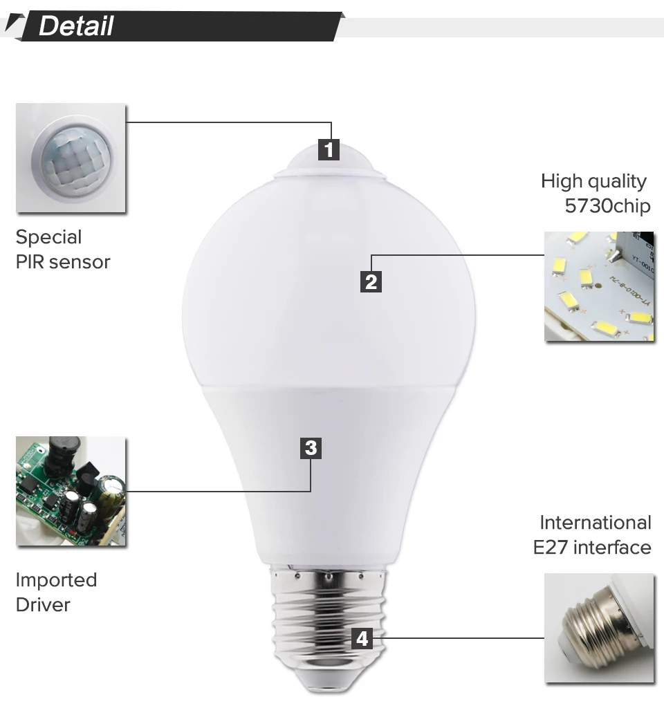 Светодиодный движения PIR Сенсор лампы 5 W 7 w SMD3528 220 v Светодиодная лампа для авто смарт-pir инфракрасный тела звук + свет E27 движения Сенсор огни