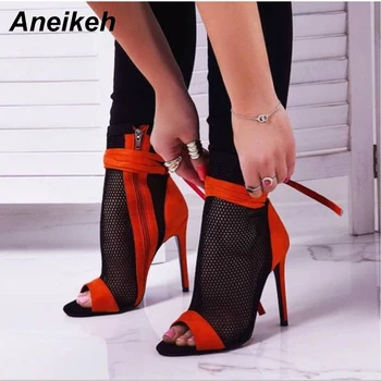 

Aneikeh 2019 Fashion Color Matching Mesh Ankle Boots Summer Ladies Pointed Toe Toe High Heels Feet Bare Straps Stiletto Shoes