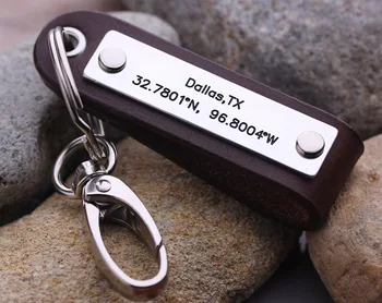 

GPS Coordinate keychain - Personalized Latitude Longitude keychain - Leather key chain - Father Day Keychains