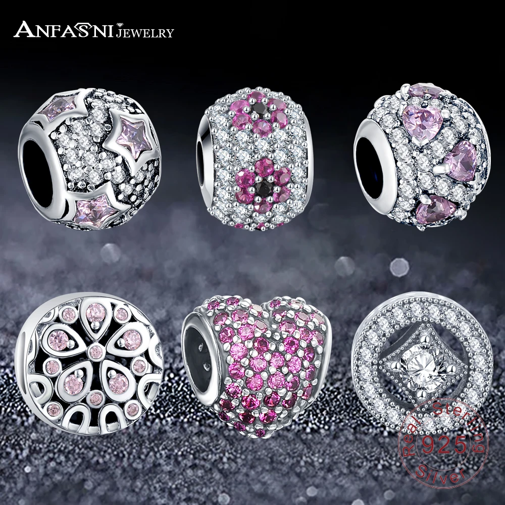 

ANFASNI New 100% Real 925 Sterling Silver Love Hearts Charms Beads Clear CZ Fit Original Pandora Bracelet Jewelry Gift PSMB0002