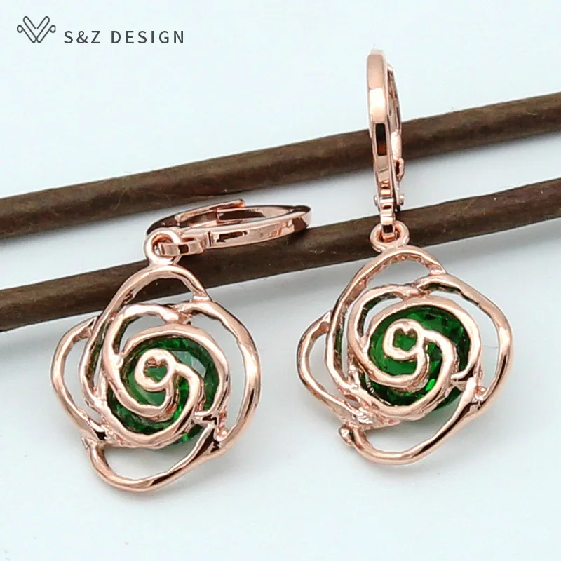 S&Z Spring New 6 Color Rose Flower 585 Rose Gold Cubic Zircon Earrings Korean For Women Fashion Fine Cute Jewelry