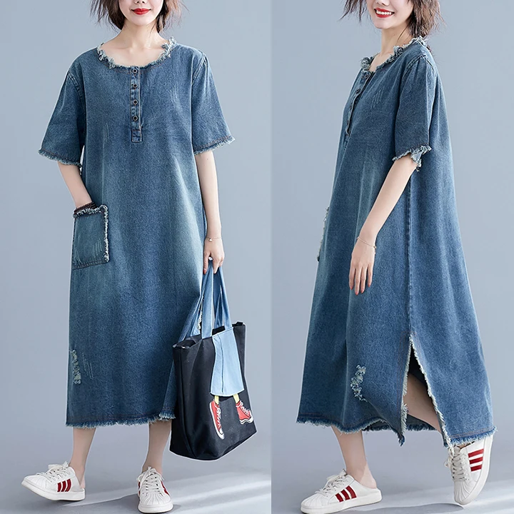 

#0404 Vintage Denim Dress Women Plus Size O Neck Front Buttons Side Split Retro Jeans Dress Female Loose Midi Patchwork Pockets