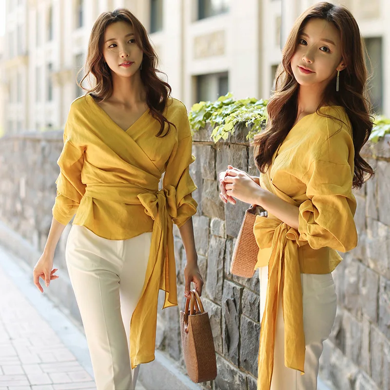 

2018 Spring and Autumn New Bow tie with nine points sleeve shirt Professional elegant personality concise fashion Vestido Sundre