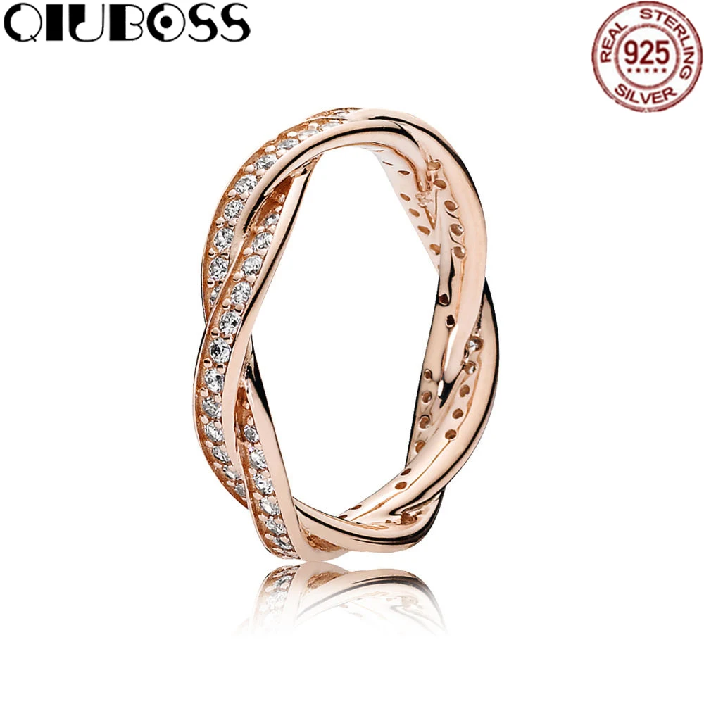

QIUBOSS 100% Sterling silver 180892CZ ROSE BRAIDED PAVE RING Original Women wedding Fashion Jewelry Holiday Gift