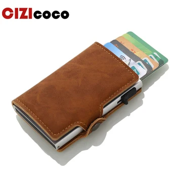

Cizicoco New Metal Card Holder RFID Aluminium Side Push Credit Card Holder With RFID Blocking Pu Leather Mini Magic Wallet